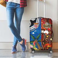 Fiji and Australia Together Luggage Cover Fijian Tapa Plants with Kangaroo and Aboriginal - Polynesian Pride