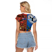 Fiji and Australia Together Raglan Cropped T Shirt Fijian Tapa Plants with Kangaroo and Aboriginal - Polynesian Pride