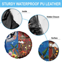 Fiji and Australia Together Spare Tire Cover Fijian Tapa Plants with Kangaroo and Aboriginal - Polynesian Pride