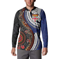 Fiji and Australia Together Button Sweatshirt Kangaroo Aboriginal with Tribal Tapa Hibiscus Half Style - Polynesian Pride