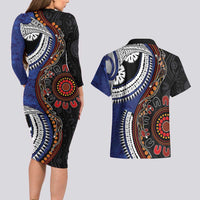 Fiji and Australia Together Couples Matching Long Sleeve Bodycon Dress and Hawaiian Shirt Kangaroo Aboriginal with Tribal Tapa Hibiscus Half Style LT03 - Polynesian Pride