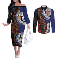 Fiji and Australia Together Couples Matching Off The Shoulder Long Sleeve Dress and Long Sleeve Button Shirt Kangaroo Aboriginal with Tribal Tapa Hibiscus Half Style LT03 Black - Polynesian Pride