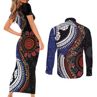 Fiji and Australia Together Couples Matching Short Sleeve Bodycon Dress and Long Sleeve Button Shirt Kangaroo Aboriginal with Tribal Tapa Hibiscus Half Style LT03 - Polynesian Pride