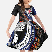 Fiji and Australia Together Family Matching Mermaid Dress and Hawaiian Shirt Kangaroo Aboriginal with Tribal Tapa Hibiscus Half Style LT03 Daughter's Dress Black - Polynesian Pride