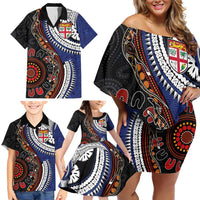 Fiji and Australia Together Family Matching Off Shoulder Short Dress and Hawaiian Shirt Kangaroo Aboriginal with Tribal Tapa Hibiscus Half Style LT03 - Polynesian Pride