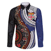 Fiji and Australia Together Family Matching Off Shoulder Short Dress and Hawaiian Shirt Kangaroo Aboriginal with Tribal Tapa Hibiscus Half Style LT03 Dad's Shirt - Long Sleeve Black - Polynesian Pride