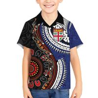 Fiji and Australia Together Family Matching Short Sleeve Bodycon Dress and Hawaiian Shirt Kangaroo Aboriginal with Tribal Tapa Hibiscus Half Style LT03 Son's Shirt Black - Polynesian Pride