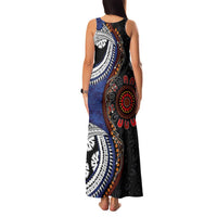 Fiji and Australia Together Family Matching Tank Maxi Dress and Hawaiian Shirt Kangaroo Aboriginal with Tribal Tapa Hibiscus Half Style LT03 - Polynesian Pride