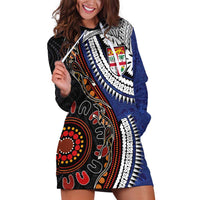 Fiji and Australia Together Hoodie Dress Kangaroo Aboriginal with Tribal Tapa Hibiscus Half Style - Polynesian Pride