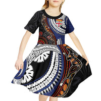 Fiji and Australia Together Kid Short Sleeve Dress Kangaroo Aboriginal with Tribal Tapa Hibiscus Half Style - Polynesian Pride