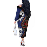 Fiji and Australia Together Off The Shoulder Long Sleeve Dress Kangaroo Aboriginal with Tribal Tapa Hibiscus Half Style - Polynesian Pride