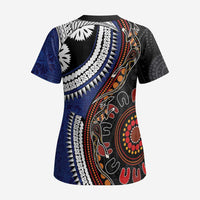 Fiji and Australia Together Scrub Top Kangaroo Aboriginal with Tribal Tapa Hibiscus Half Style LT03 - Polynesian Pride