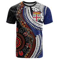 Fiji and Australia Together T Shirt Kangaroo Aboriginal with Tribal Tapa Hibiscus Half Style LT03 Black - Polynesian Pride