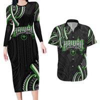 Traditional Art Hawaiian Kakau Tattoos Couples Matching Long Sleeve Bodycon Dress and Hawaiian Shirt Green Color LT03 Green - Polynesian Pride