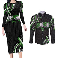Traditional Art Hawaiian Kakau Tattoos Couples Matching Long Sleeve Bodycon Dress and Long Sleeve Button Shirt Green Color LT03 Green - Polynesian Pride