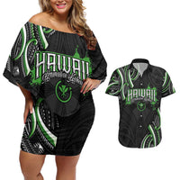 Traditional Art Hawaiian Kakau Tattoos Couples Matching Off Shoulder Short Dress and Hawaiian Shirt Green Color LT03 Green - Polynesian Pride