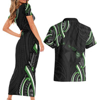 Traditional Art Hawaiian Kakau Tattoos Couples Matching Short Sleeve Bodycon Dress and Hawaiian Shirt Green Color LT03 - Polynesian Pride