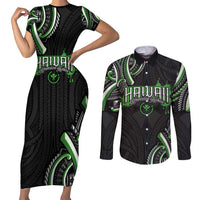 Traditional Art Hawaiian Kakau Tattoos Couples Matching Short Sleeve Bodycon Dress and Long Sleeve Button Shirt Green Color LT03 Green - Polynesian Pride