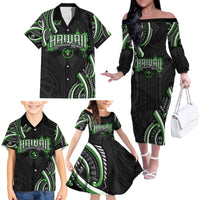 Traditional Art Hawaiian Kakau Tattoos Family Matching Off The Shoulder Long Sleeve Dress and Hawaiian Shirt Green Color LT03 - Polynesian Pride