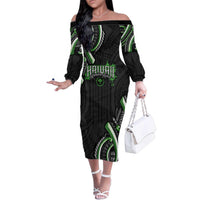 Traditional Art Hawaiian Kakau Tattoos Family Matching Off The Shoulder Long Sleeve Dress and Hawaiian Shirt Green Color LT03 Mom's Dress Green - Polynesian Pride