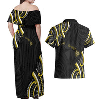 Traditional Art Hawaiian Kakau Tattoos Couples Matching Off Shoulder Maxi Dress and Hawaiian Shirt Yellow Color LT03 - Polynesian Pride