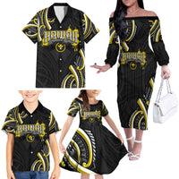 Traditional Art Hawaiian Kakau Tattoos Family Matching Off The Shoulder Long Sleeve Dress and Hawaiian Shirt Yellow Color LT03 - Polynesian Pride