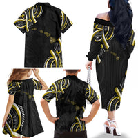 Traditional Art Hawaiian Kakau Tattoos Family Matching Off The Shoulder Long Sleeve Dress and Hawaiian Shirt Yellow Color LT03 - Polynesian Pride