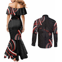 Traditional Art Hawaiian Kakau Tattoos Couples Matching Mermaid Dress and Long Sleeve Button Shirt Red Color - Polynesian Pride