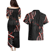 Traditional Art Hawaiian Kakau Tattoos Couples Matching Puletasi and Hawaiian Shirt Red Color LT03 - Polynesian Pride
