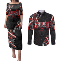 Traditional Art Hawaiian Kakau Tattoos Couples Matching Puletasi and Long Sleeve Button Shirt Red Color - Polynesian Pride