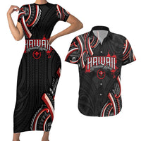 Traditional Art Hawaiian Kakau Tattoos Couples Matching Short Sleeve Bodycon Dress and Hawaiian Shirt Red Color LT03 Red - Polynesian Pride