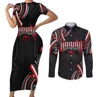 Traditional Art Hawaiian Kakau Tattoos Couples Matching Short Sleeve Bodycon Dress and Long Sleeve Button Shirt Red Color LT03 Red - Polynesian Pride