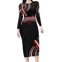 Traditional Art Hawaiian Kakau Tattoos Family Matching Long Sleeve Bodycon Dress and Hawaiian Shirt Red Color LT03 Mom's Dress Red - Polynesian Pride