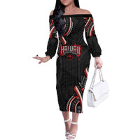 Traditional Art Hawaiian Kakau Tattoos Family Matching Off The Shoulder Long Sleeve Dress and Hawaiian Shirt Red Color LT03 Mom's Dress Red - Polynesian Pride