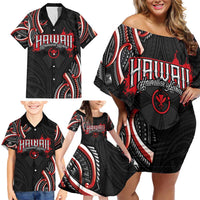 Traditional Art Hawaiian Kakau Tattoos Family Matching Off Shoulder Short Dress and Hawaiian Shirt Red Color LT03 - Polynesian Pride