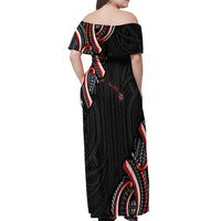 Traditional Art Hawaiian Kakau Tattoos Off Shoulder Maxi Dress Red Color - Polynesian Pride