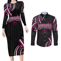Traditional Art Hawaiian Kakau Tattoos Couples Matching Long Sleeve Bodycon Dress and Long Sleeve Button Shirt Pink Color LT03 Pink - Polynesian Pride