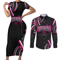 Traditional Art Hawaiian Kakau Tattoos Couples Matching Short Sleeve Bodycon Dress and Long Sleeve Button Shirt Pink Color LT03 Pink - Polynesian Pride