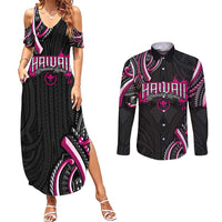 Traditional Art Hawaiian Kakau Tattoos Couples Matching Summer Maxi Dress and Long Sleeve Button Shirt Pink Color - Polynesian Pride