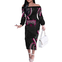 Traditional Art Hawaiian Kakau Tattoos Off The Shoulder Long Sleeve Dress Pink Color - Polynesian Pride