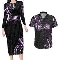 Traditional Art Hawaiian Kakau Tattoos Couples Matching Long Sleeve Bodycon Dress and Hawaiian Shirt Purple Color LT03 Purple - Polynesian Pride
