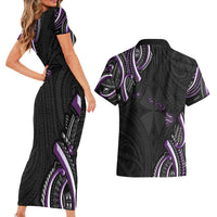 Traditional Art Hawaiian Kakau Tattoos Couples Matching Short Sleeve Bodycon Dress and Hawaiian Shirt Purple Color LT03 - Polynesian Pride