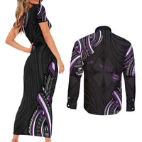 Traditional Art Hawaiian Kakau Tattoos Couples Matching Short Sleeve Bodycon Dress and Long Sleeve Button Shirt Purple Color LT03 - Polynesian Pride