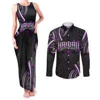 Traditional Art Hawaiian Kakau Tattoos Couples Matching Tank Maxi Dress and Long Sleeve Button Shirt Purple Color LT03 Purple - Polynesian Pride