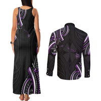 Traditional Art Hawaiian Kakau Tattoos Couples Matching Tank Maxi Dress and Long Sleeve Button Shirt Purple Color LT03 - Polynesian Pride