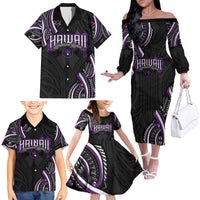 Traditional Art Hawaiian Kakau Tattoos Family Matching Off The Shoulder Long Sleeve Dress and Hawaiian Shirt Purple Color LT03 - Polynesian Pride