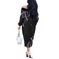 Traditional Art Hawaiian Kakau Tattoos Off The Shoulder Long Sleeve Dress Purple Color - Polynesian Pride
