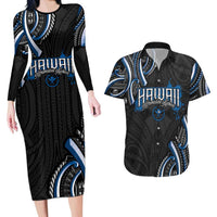Traditional Art Hawaiian Kakau Tattoos Couples Matching Long Sleeve Bodycon Dress and Hawaiian Shirt Blue Color LT03 Blue - Polynesian Pride