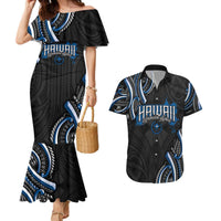Traditional Art Hawaiian Kakau Tattoos Couples Matching Mermaid Dress and Hawaiian Shirt Blue Color LT03 Blue - Polynesian Pride