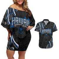 Traditional Art Hawaiian Kakau Tattoos Couples Matching Off Shoulder Short Dress and Hawaiian Shirt Blue Color LT03 Blue - Polynesian Pride